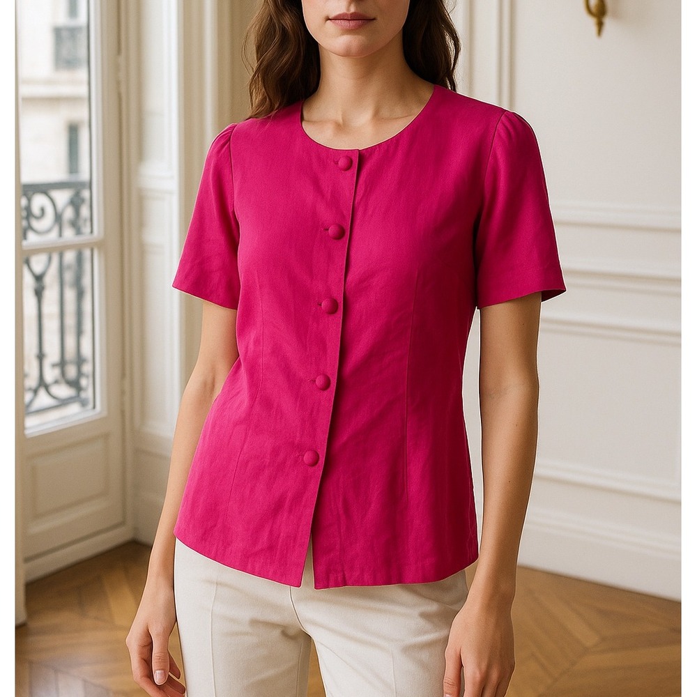 Ann Taylor Fuchsia Button-Front Short Sleeve Blouse